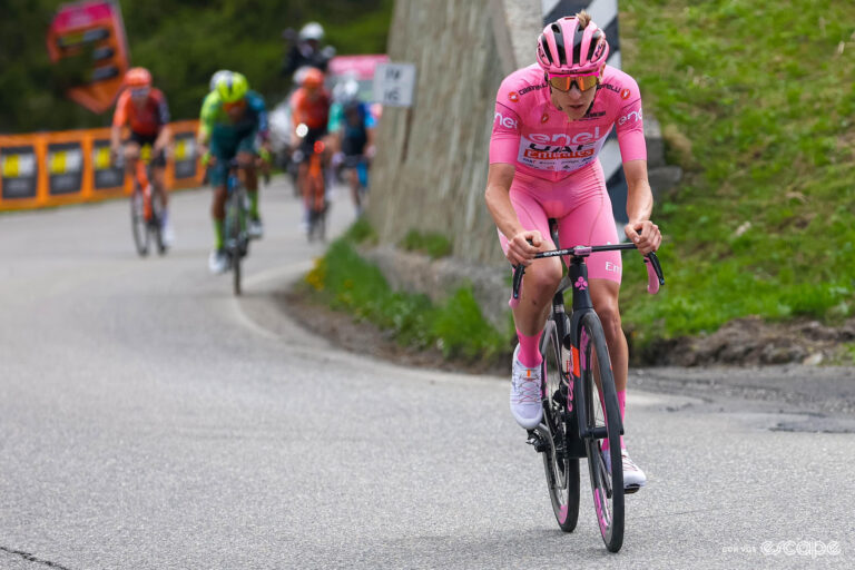 Tadej Pogačar on the attack on stage 15 o the 2024 Giro d'Italia.