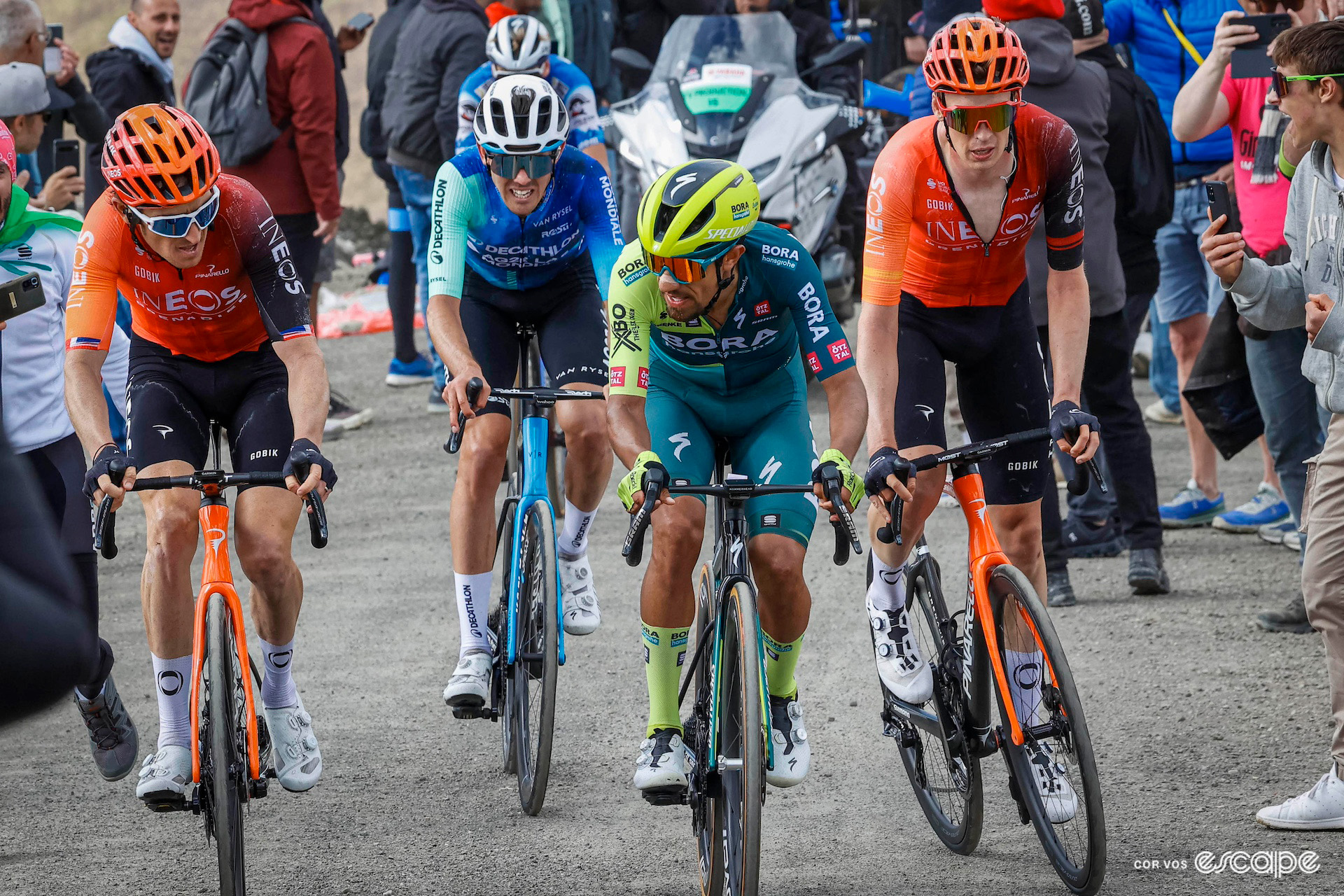 Geraint Thomas, Ben O'Connor, Dani Martínez and Thymen Arensman climb during stage 15 of the 2024 Giro d'Italia.