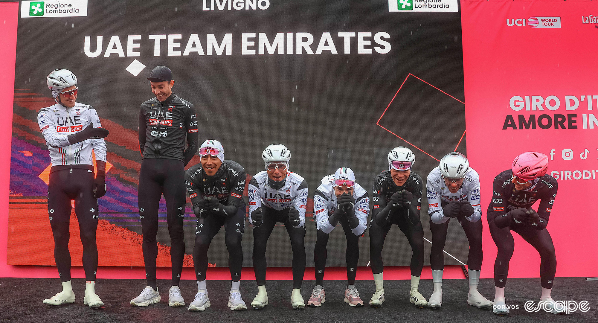 UAE Team Emirates at sign-on at the start of the Giro d'Italia's stage 16.