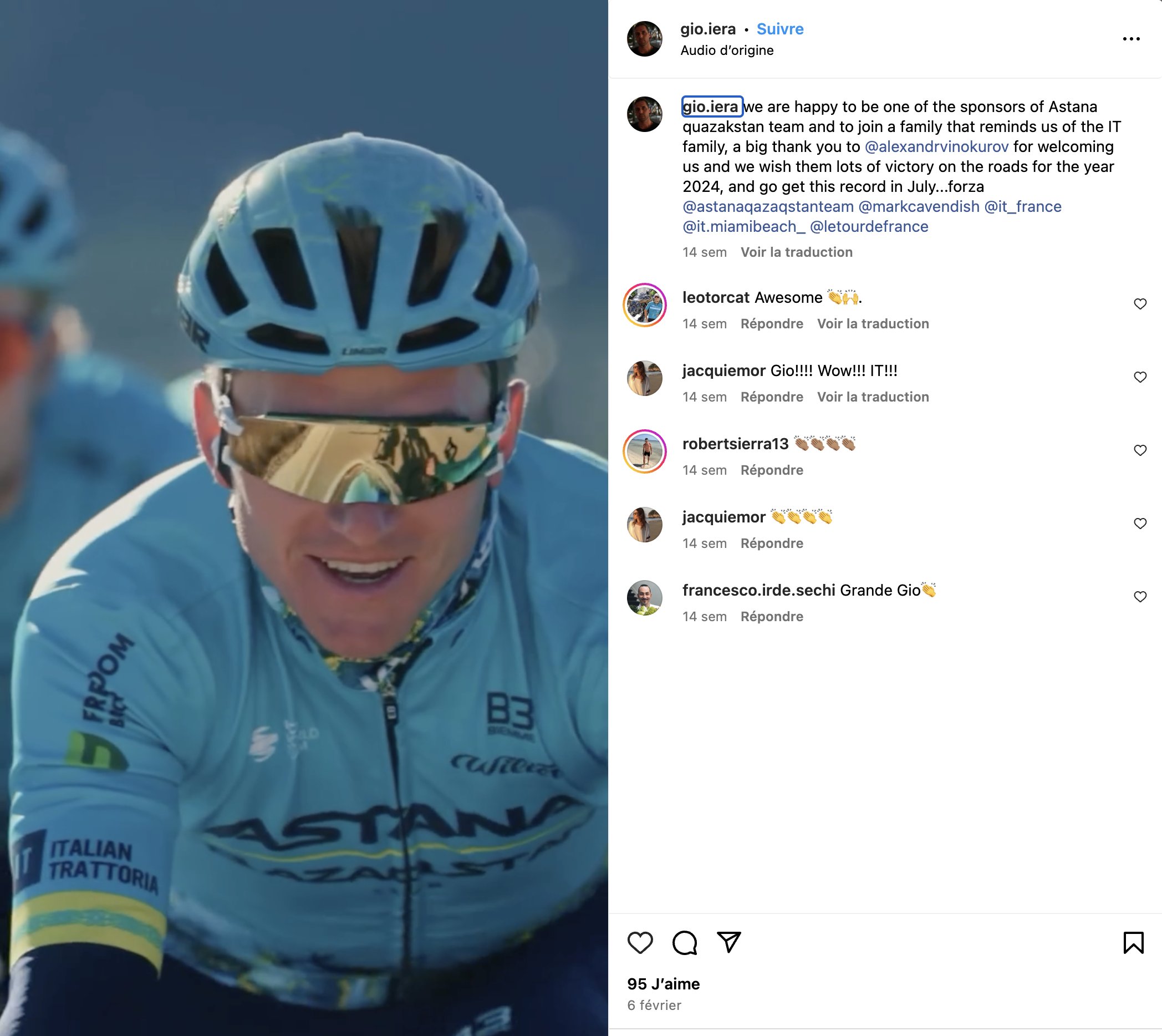 Iera posting on Instagram announcing his company would be sponsoring Astana-Qazaqstan.