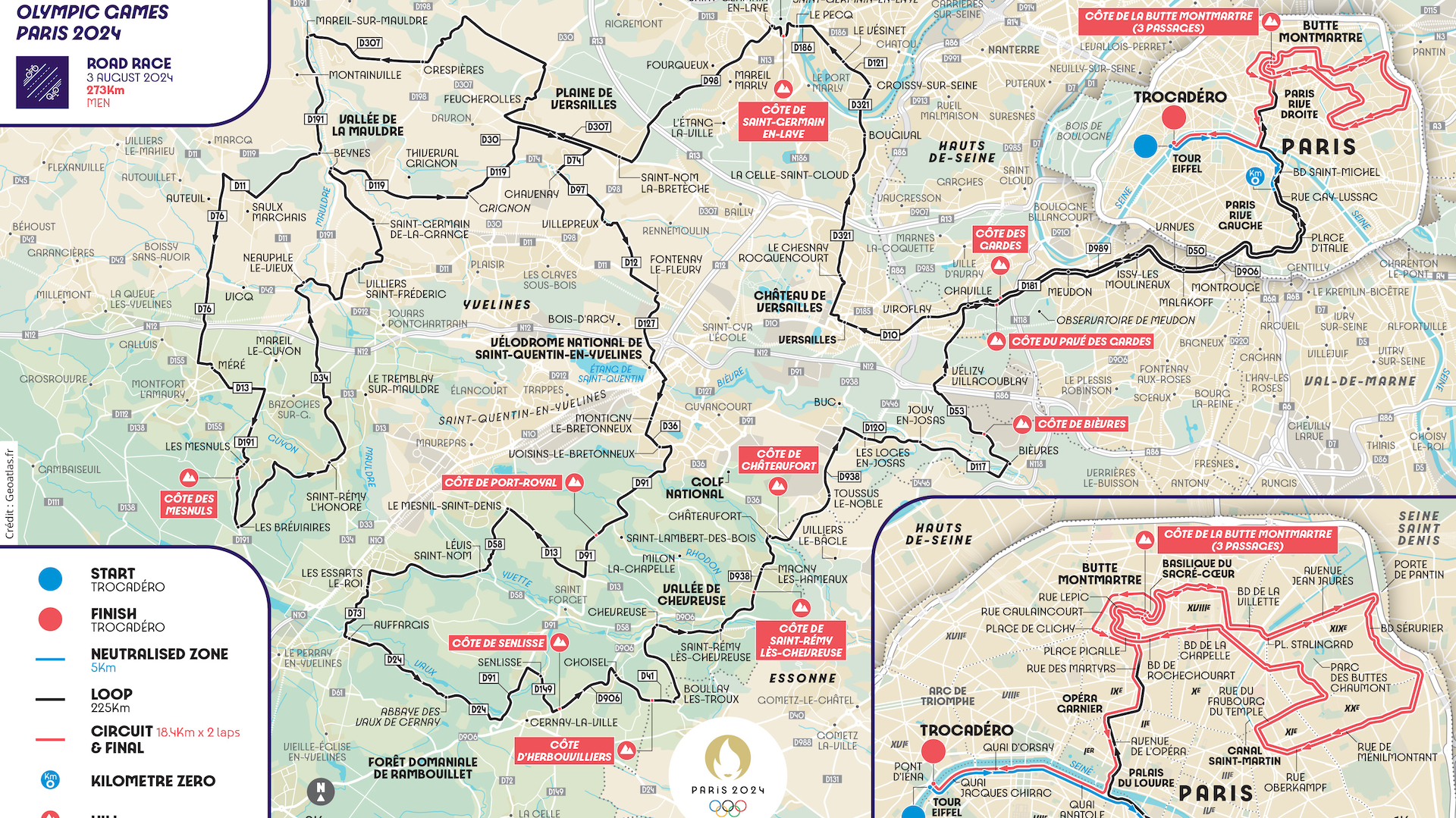 The route of the men's road race at the 2024 Paris Olympics. After a start in downtown Paris at the Trocadero, the race leaves Paris for a meandering set of loops through the Chevreuse Valley to the southwest before returning for an urban circuit over the Butte Montmarte.