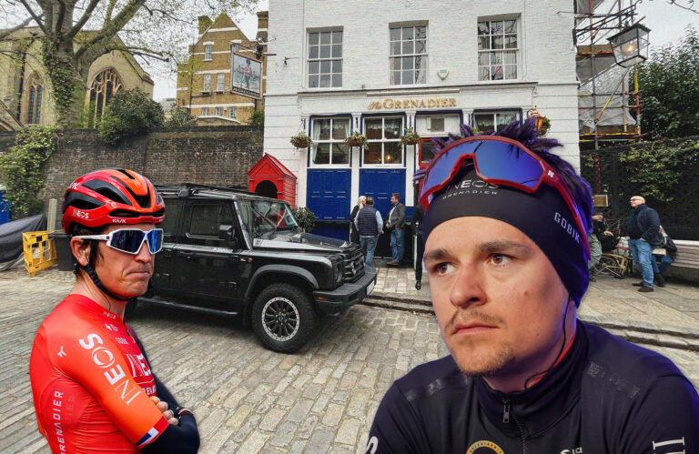 Geraint Thomas and Tom Pidcock photoshopped in front of the Grenadier pub in West London.