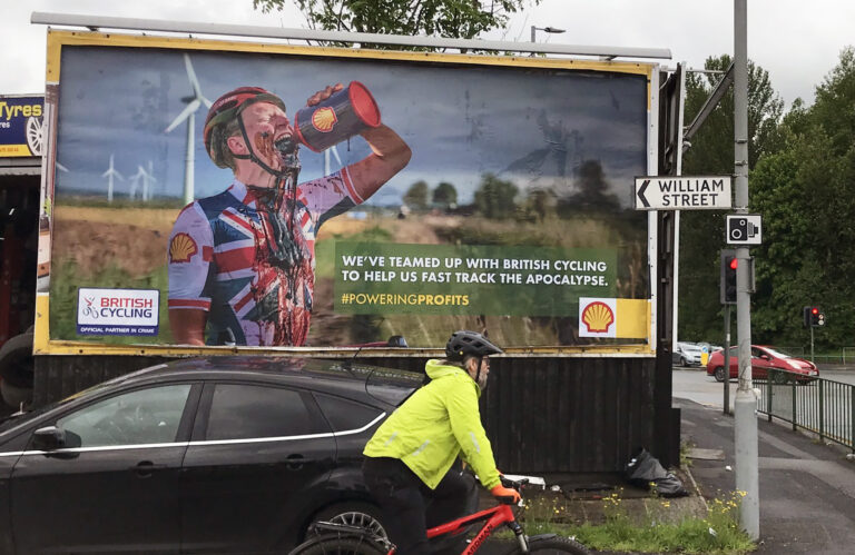 A poster protesting Shell's sponsorship of British Cycling.