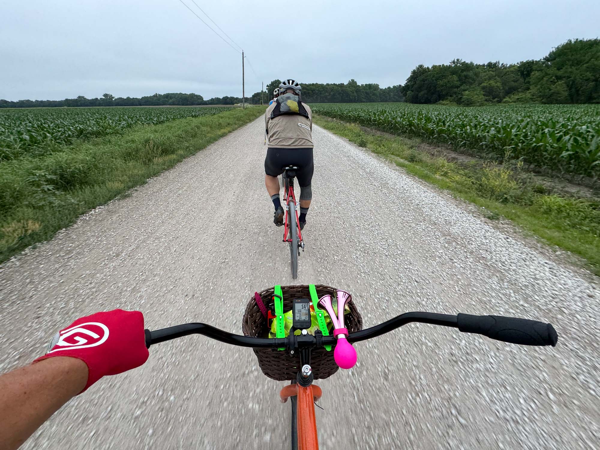 A POV shot of a cruiser handlebar and basket, with a pink honky-horn and a bike computer on the handlebars.