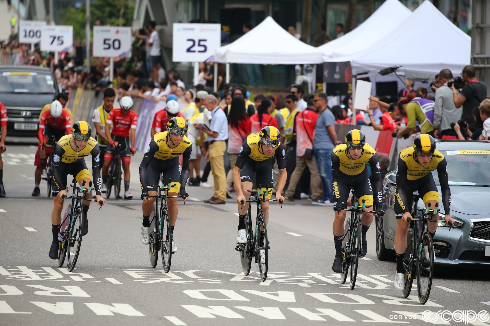 Jumbo-LottoNL starts the team time trial stage of the 2018 Hammer Series Hong Kong.