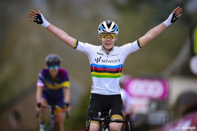 Anna van der Breggen spreads her arms wide as she wins atop the Mur de Huy