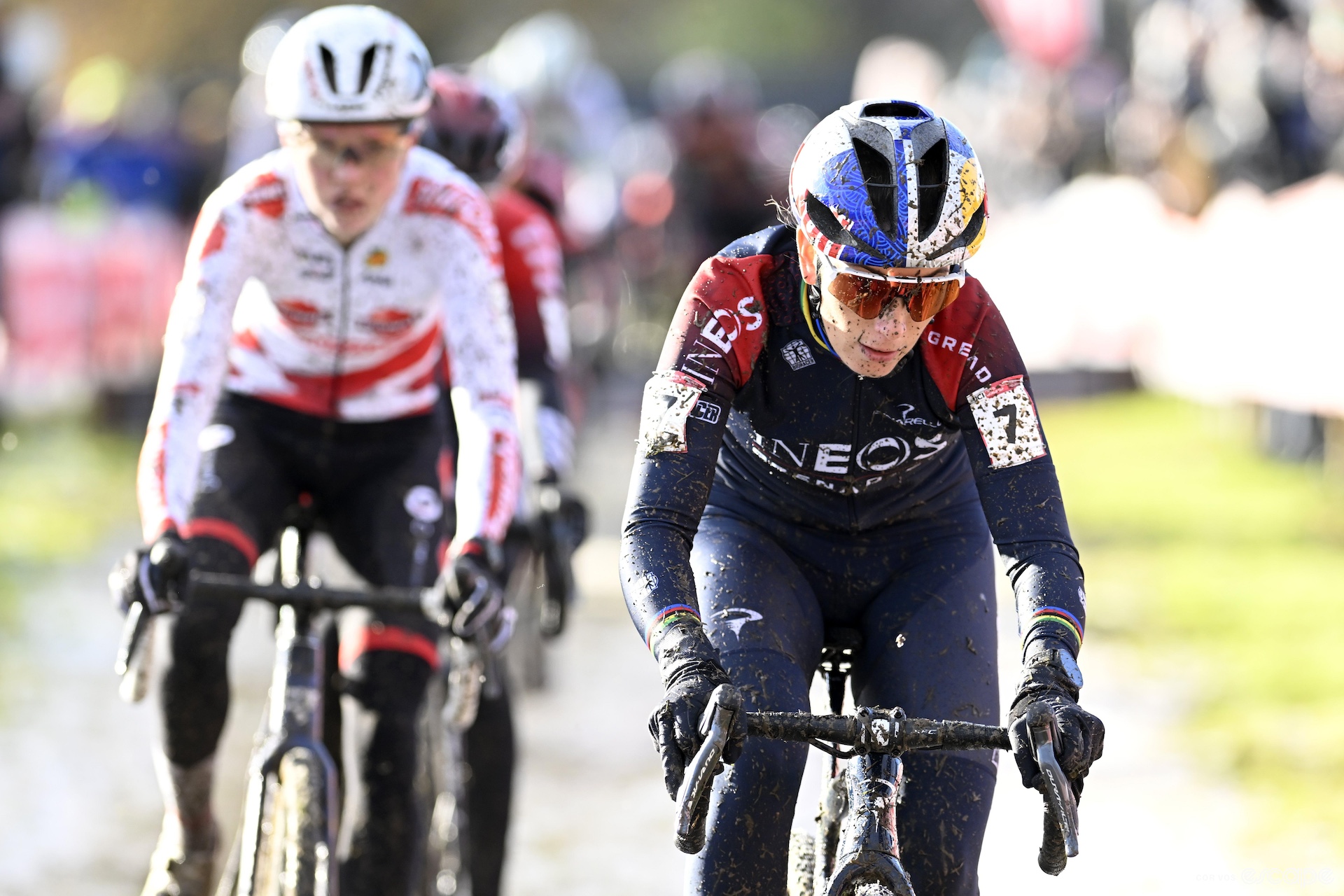 Ferrand Prevot races a muddy cyclocross race in Ineos Grenadiers kit