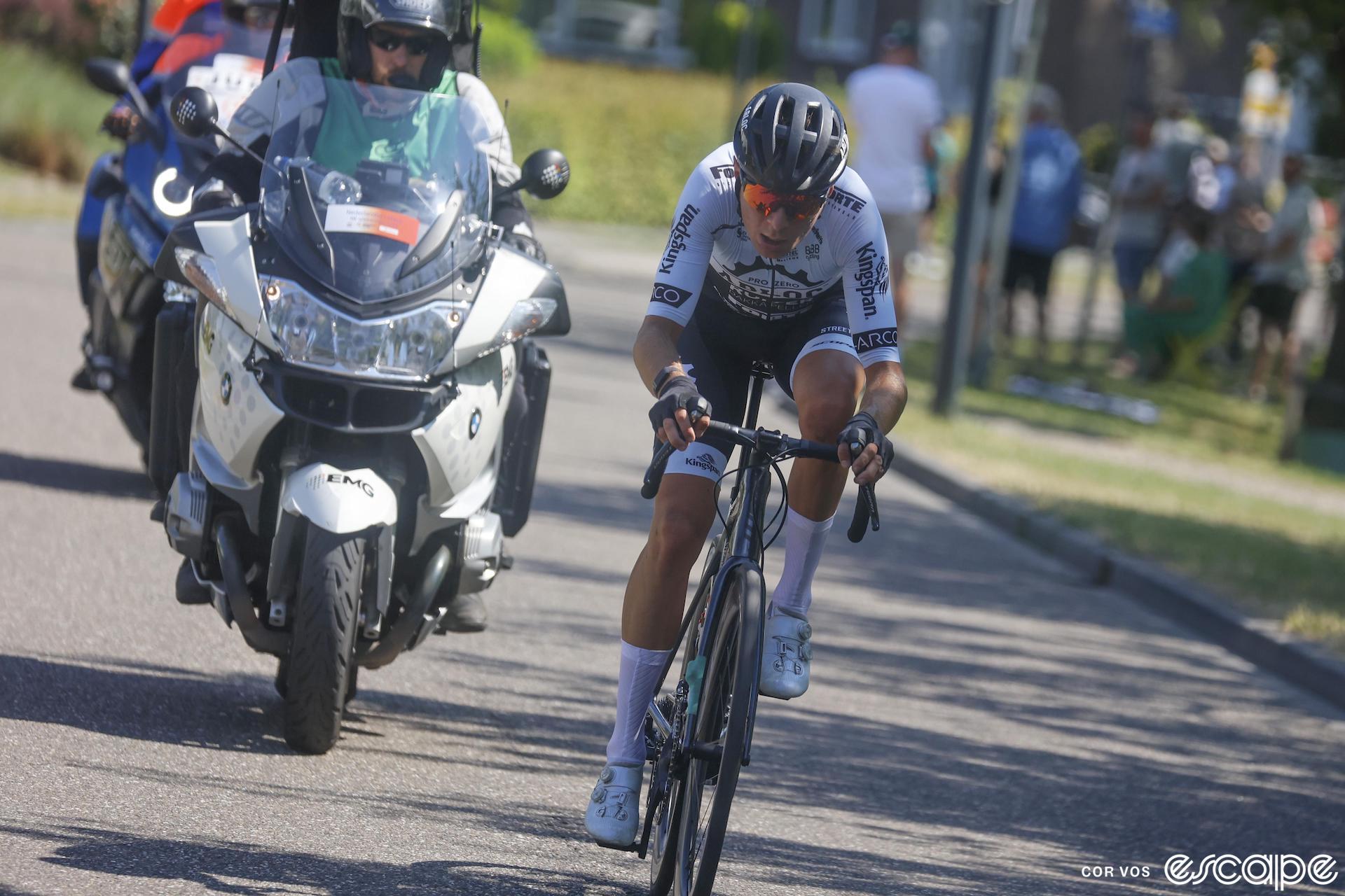 Frank van den Broek rides solo at the front of the 2023 Dutch national road race championship.
