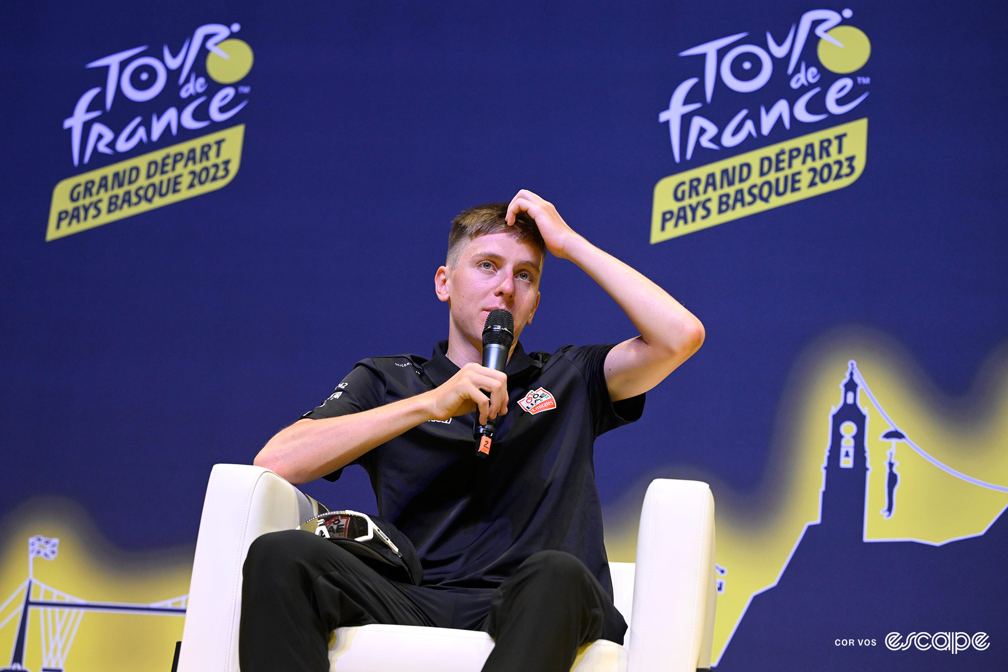 Tadej Pogačar at a Tour press conference.
