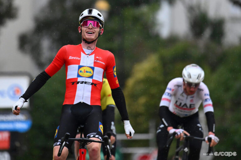 Mattias Skjelmose in the jersey of Danish national champion celebrates victory on stage 6 of the 2024 Paris-Nice.