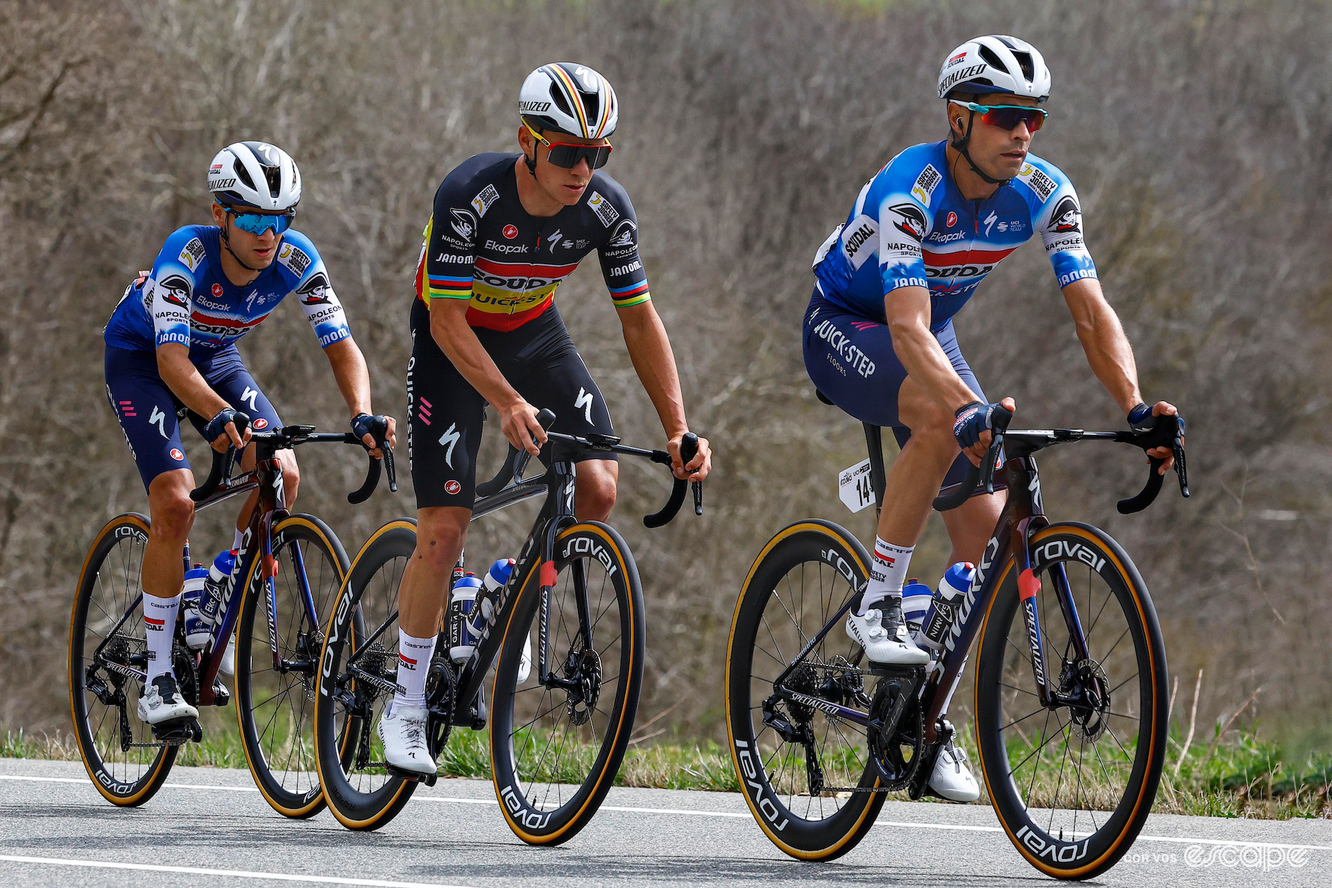 Mikel Landa rides ahead of team leader Remco Evenepoel during Itzulia Basque Country.
