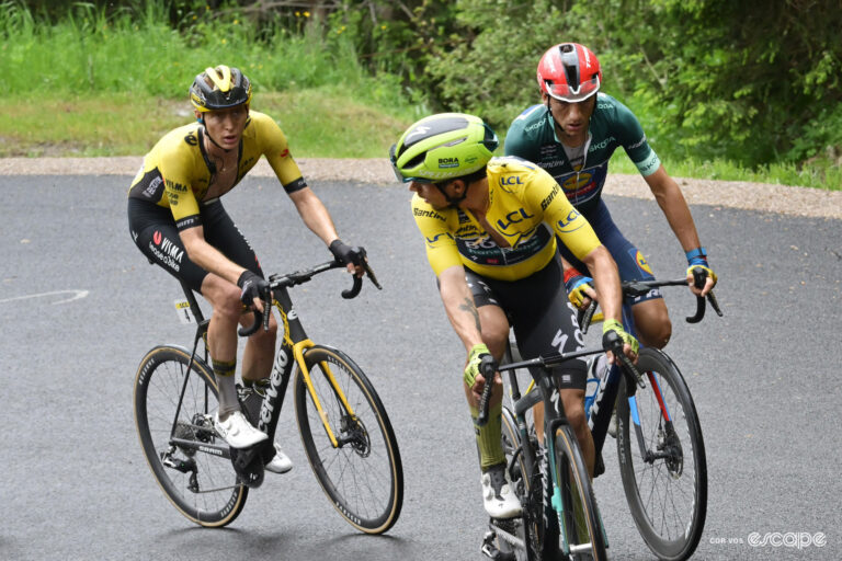 Primož Roglič, Giulio Ciccone and Matteo Jorgenson during stage 7 of the 2024 Critérium du Dauphiné.