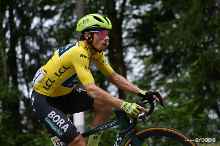 Primož Roglič in the yellow jersey during stage 8 of the 2024 Critérium du Dauphiné.