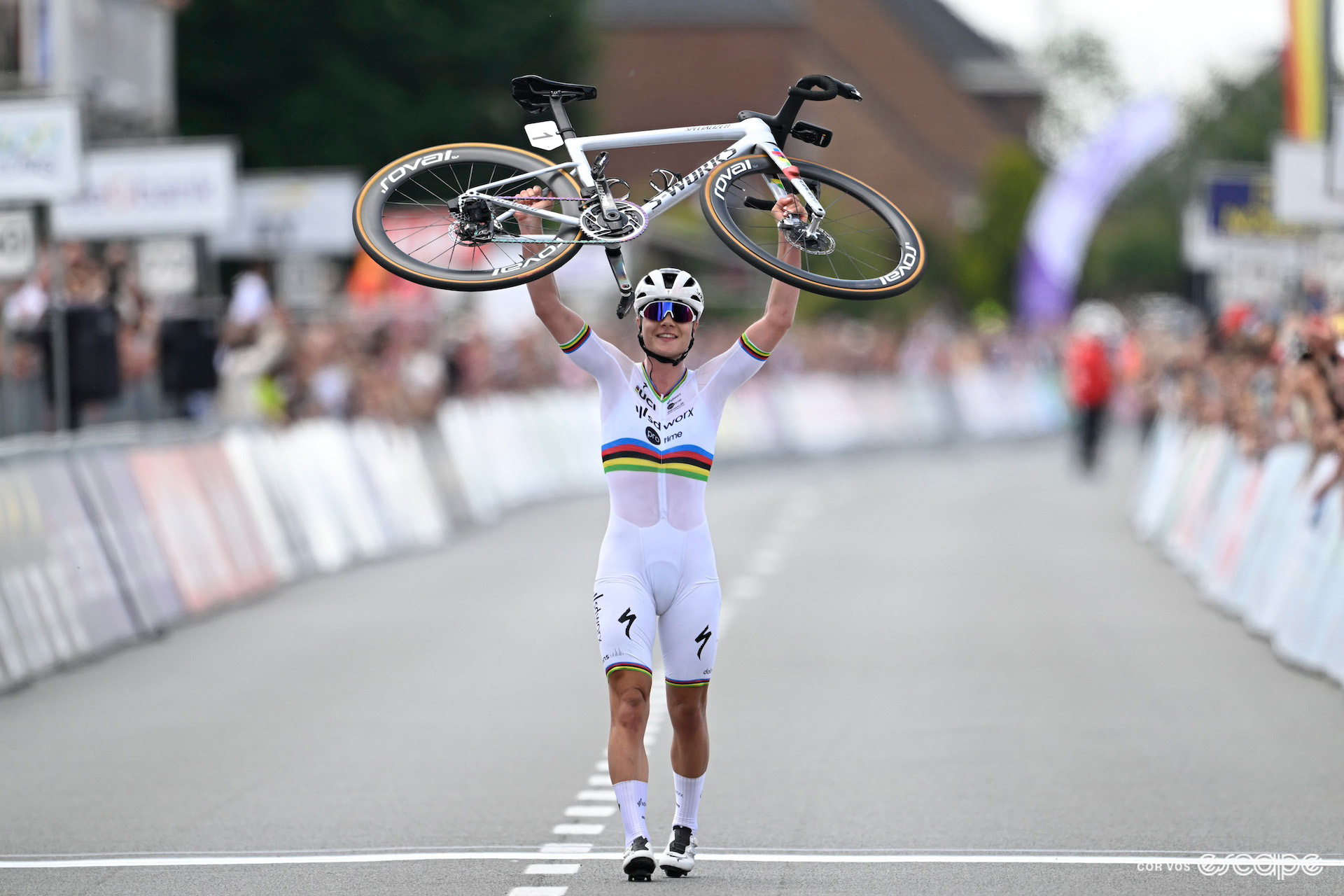 World champion Lotte Kopecky celebrates victory at the Belgian national road championships.