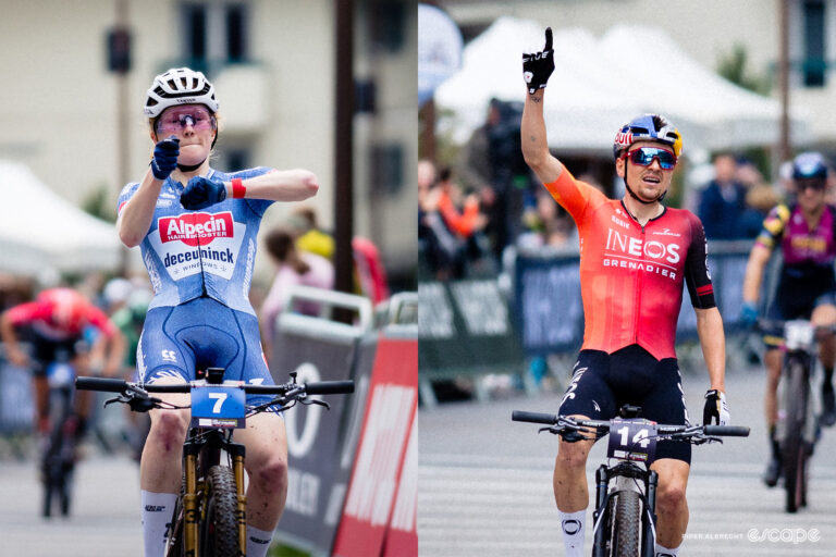 Side by side images of Puck Pieterse on the left and Tom Pidcock on the right as they celebrate crossing the line of their respective XCC titles at MTB World Cup Crans-Montana.