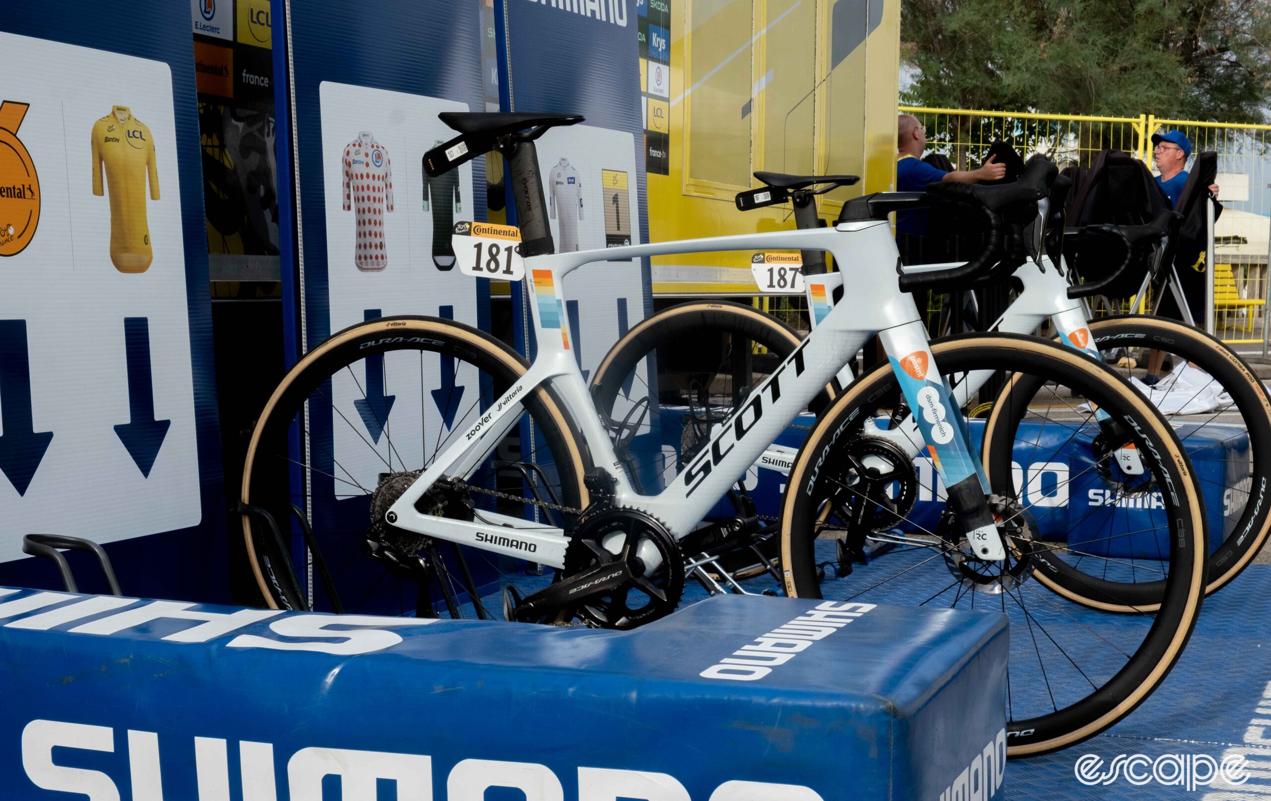 The photo shows Bardet's bike with van den Broek's in the background.