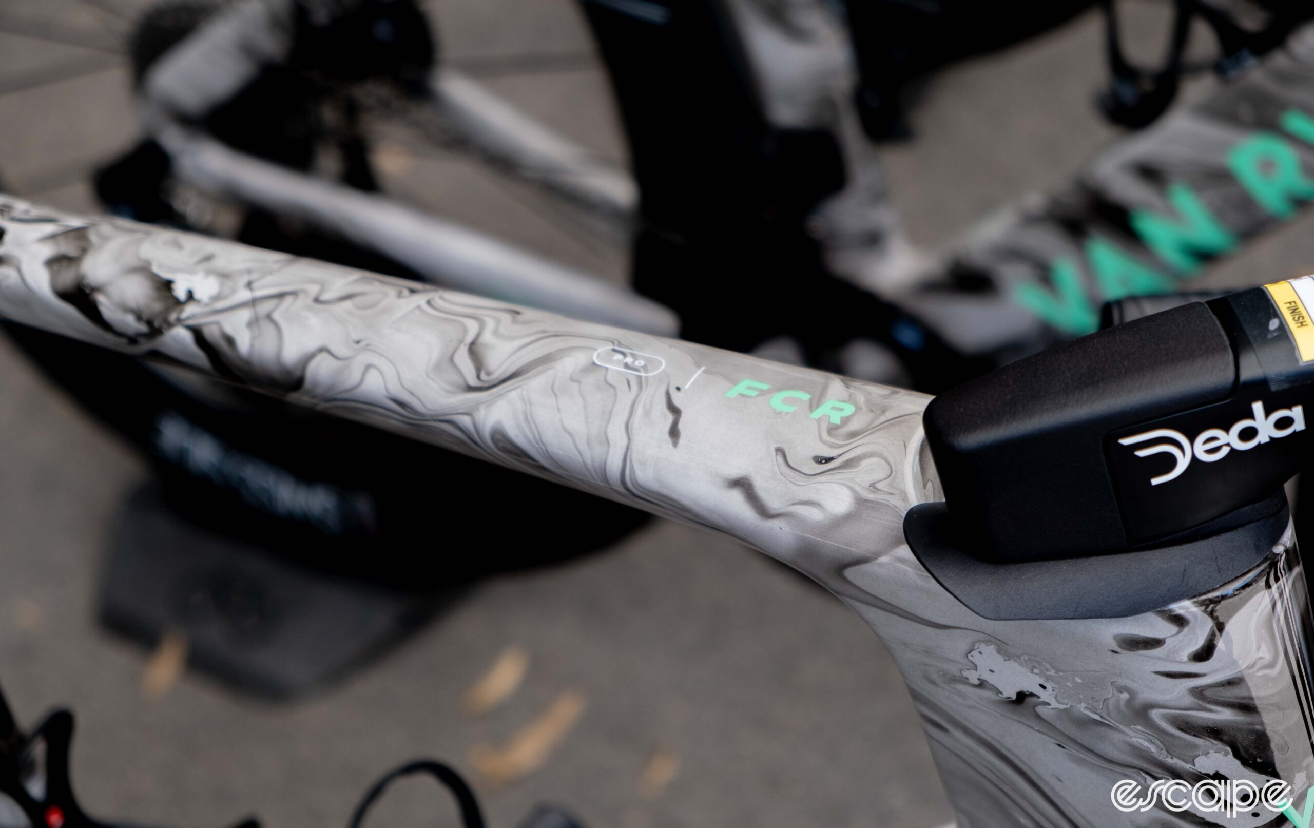 The photo shows Van Rysel's new FCR Pro aero bike top tube