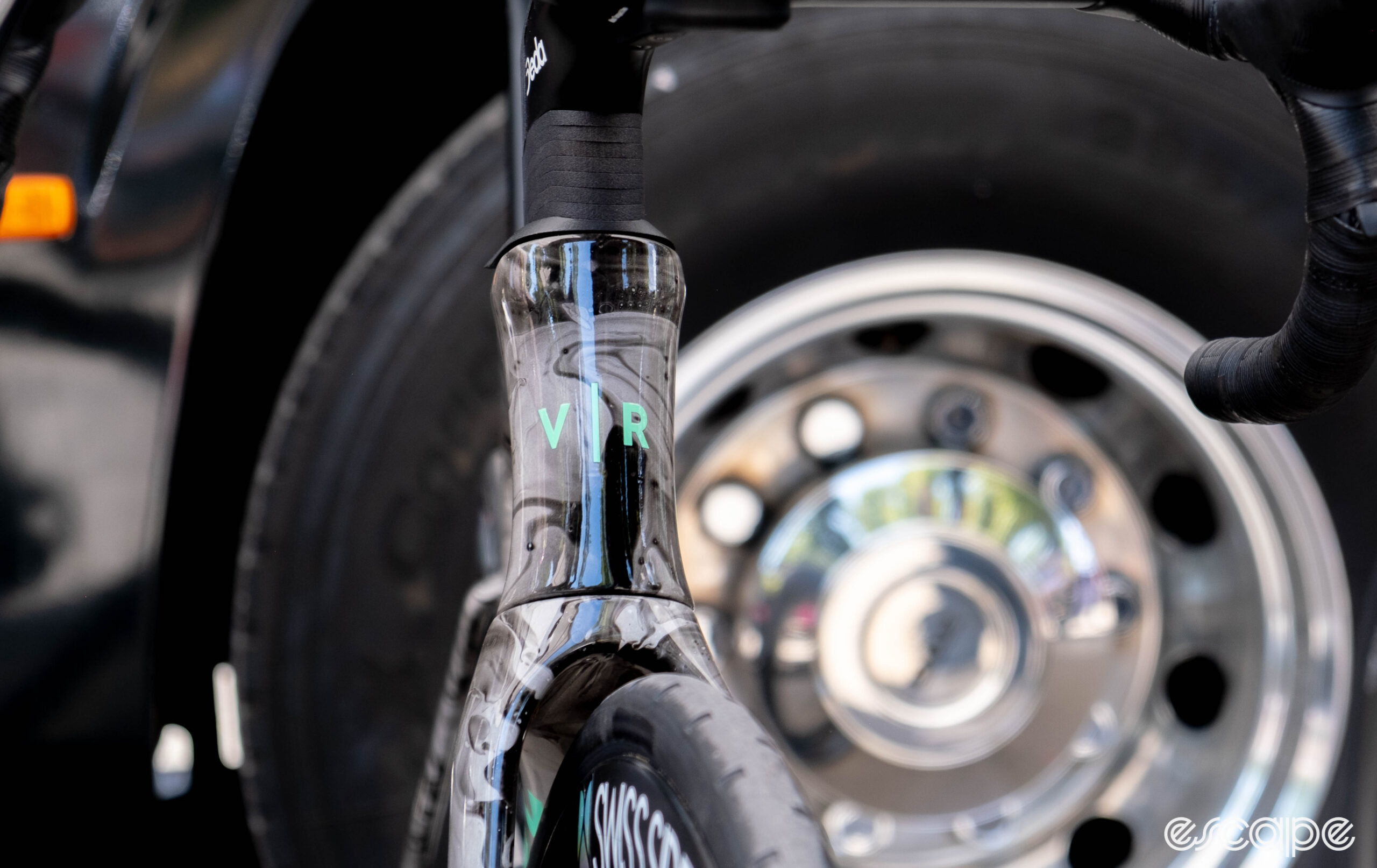 The photo shows Van Rysel's new FCR Pro aero bike head tube