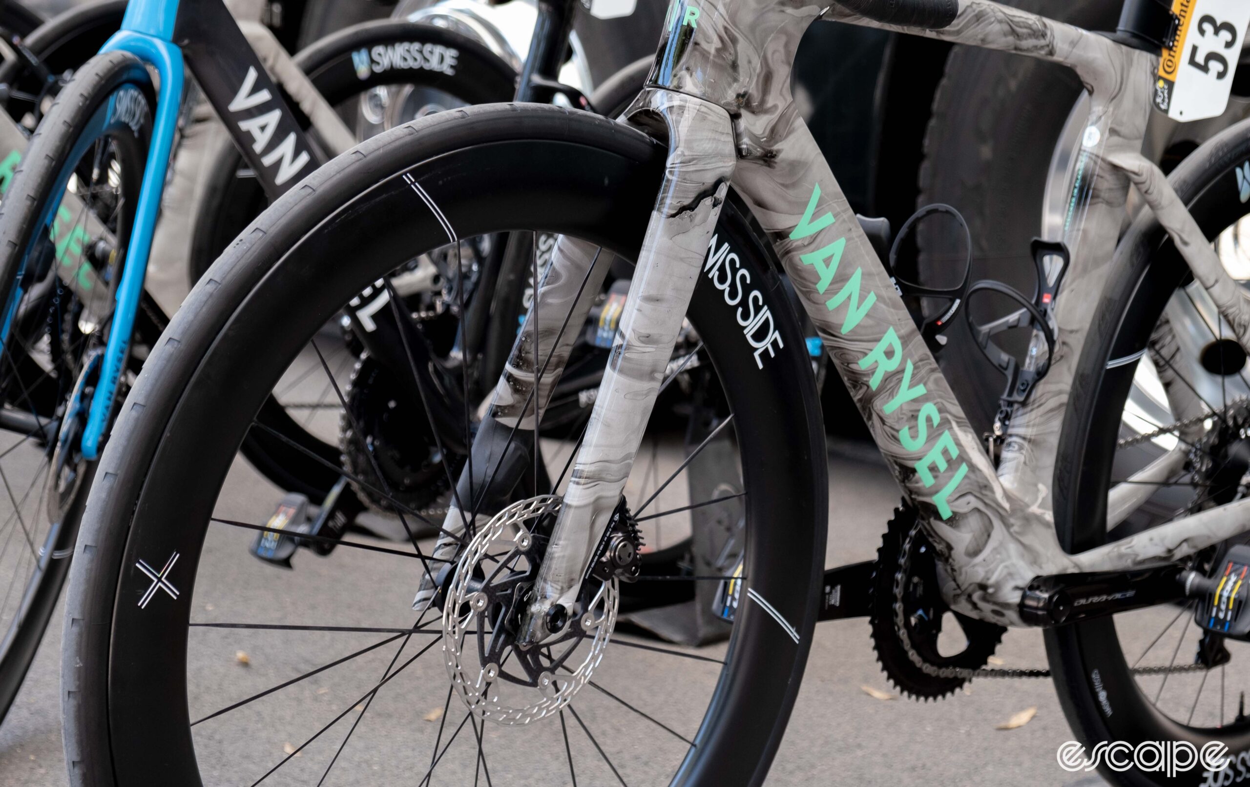 The photo shows Van Rysel's new FCR Pro aero bike forks