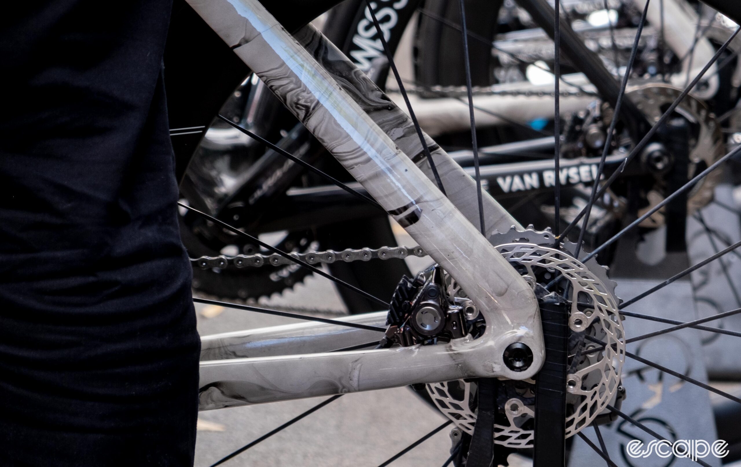 The photo shows Van Rysel's new FCR Pro aero bike rear drop out and seat stays