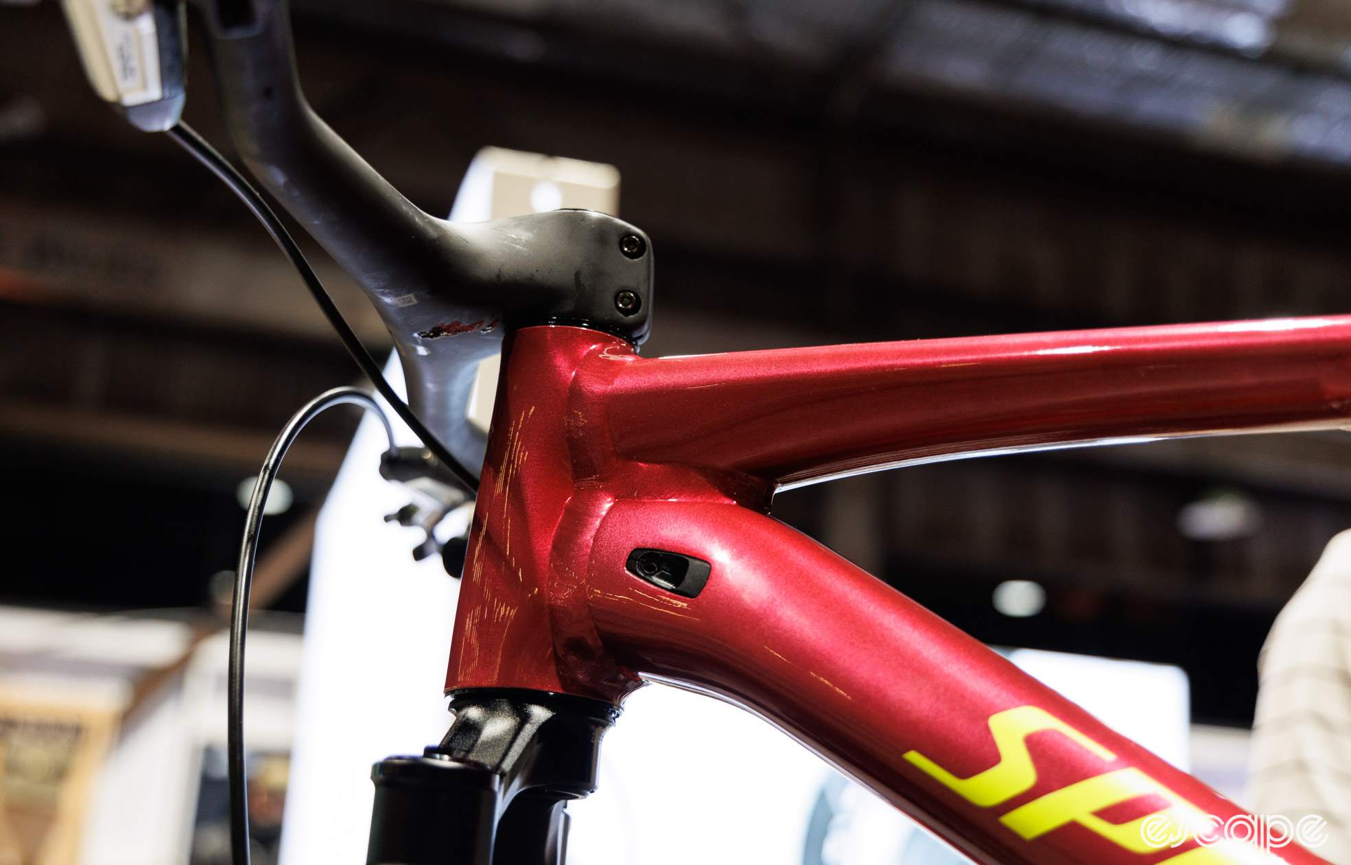 Specialized alloy cross country full suspension being built up. Image shows a close up of the welded head tube. 
