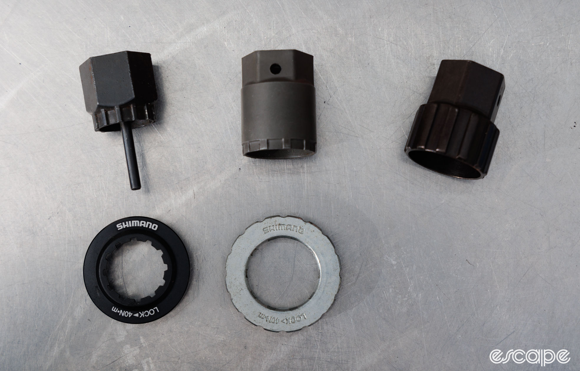 A selection of Shimano lockring sockets and the corresponding lockrings. 