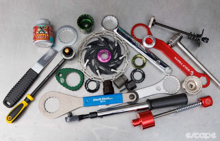 A pile of centerlock tools, centerlock lockrings, a rotor, and more.