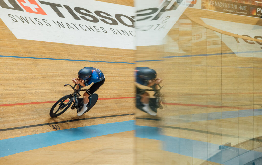 The image shows Kung testing on the velodrome.  
