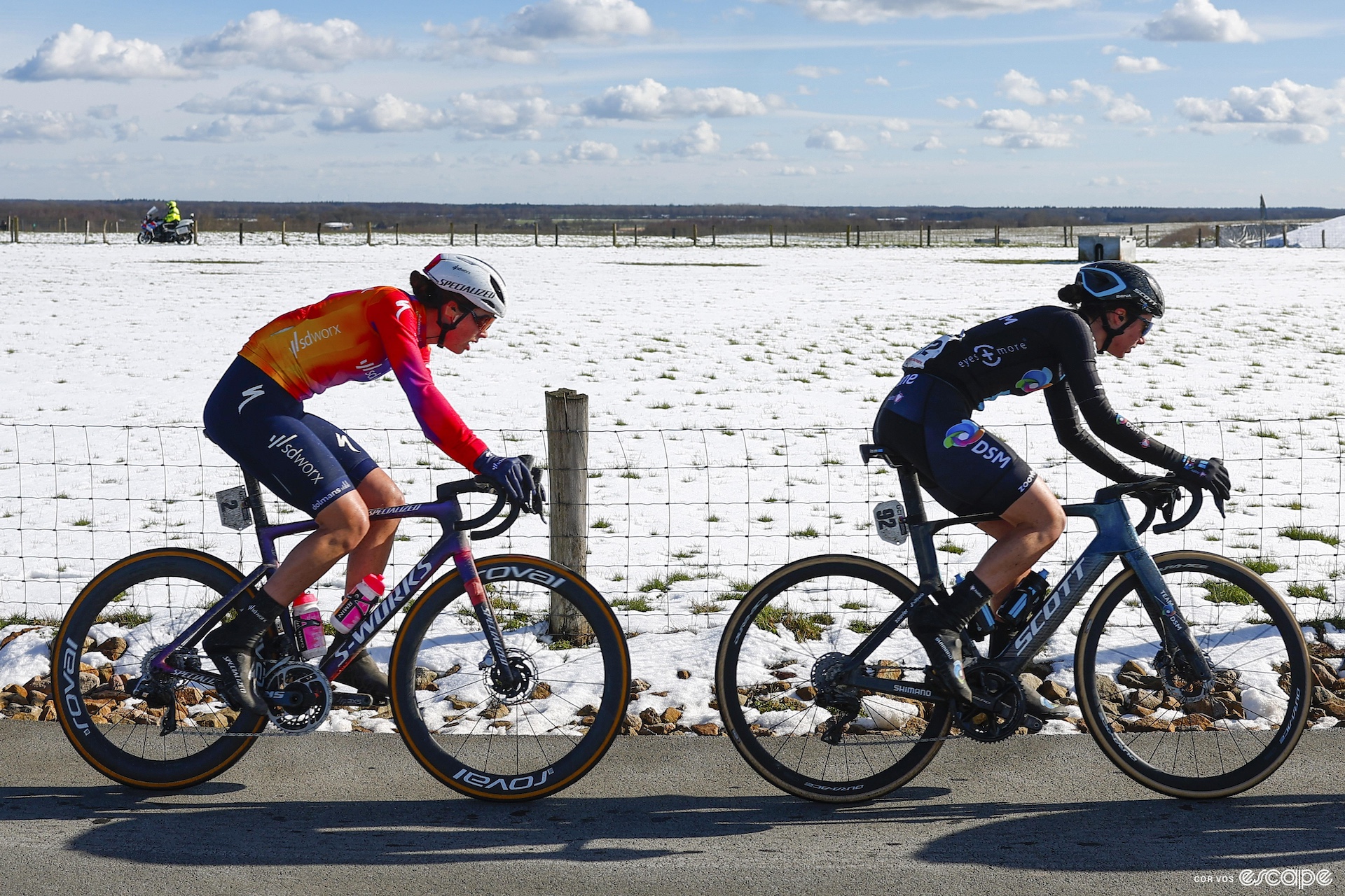 Mischa Bredewold and Pfeiffer Georgi race with snowcovered feilds in the background