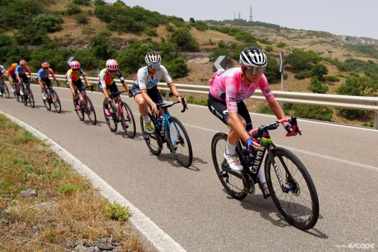 Annemiek van Vleuten dressed in pink leads the peloton over a climb