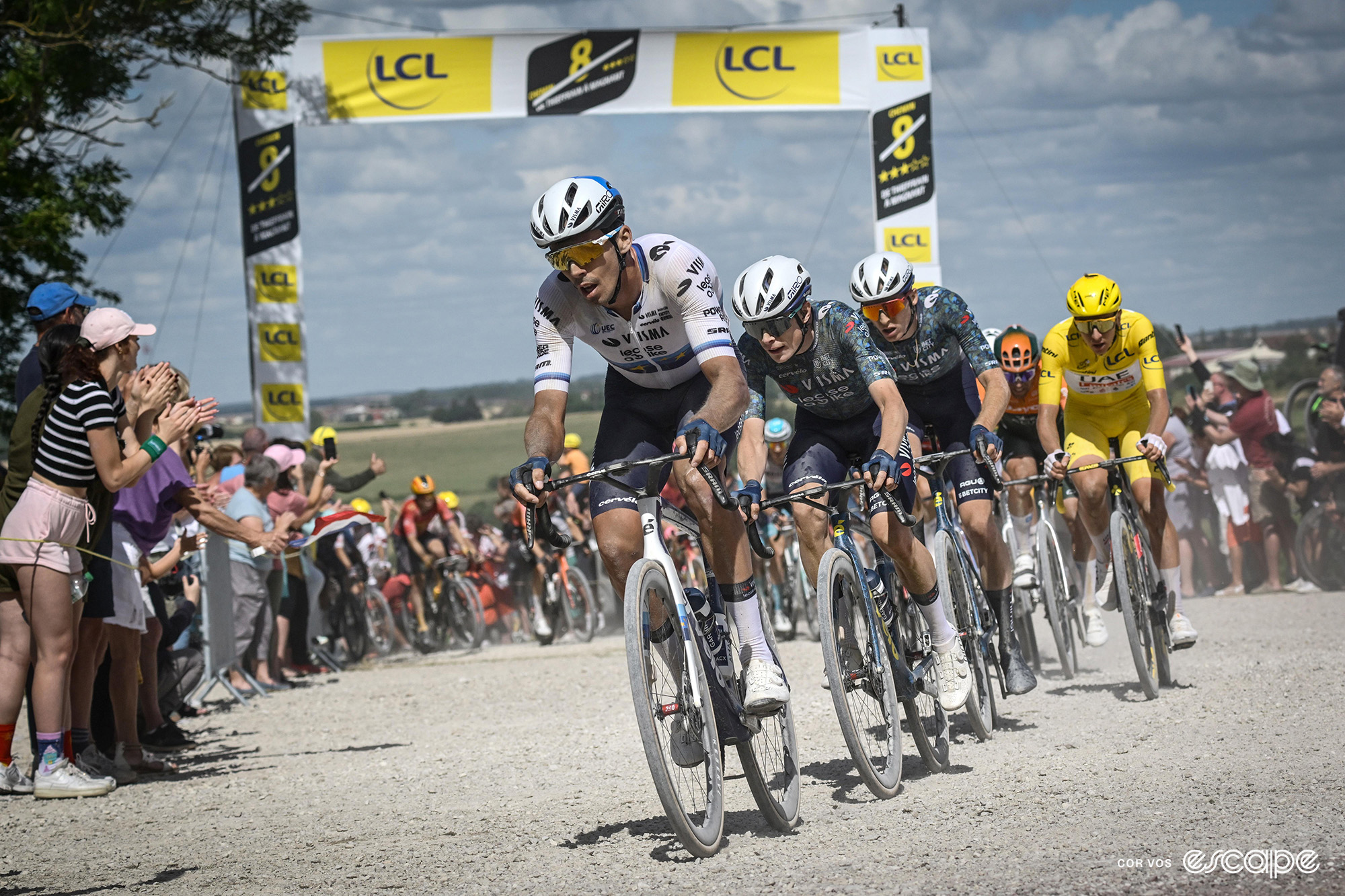 Christophe Laporte leads Jonas Vingegaard with Pogačar lurking just behind during stage 9.