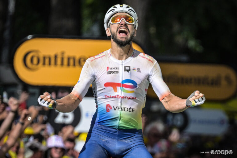 Anthony Turgis roars in celebration on winning stage 9 of the 2024 Tour de France.