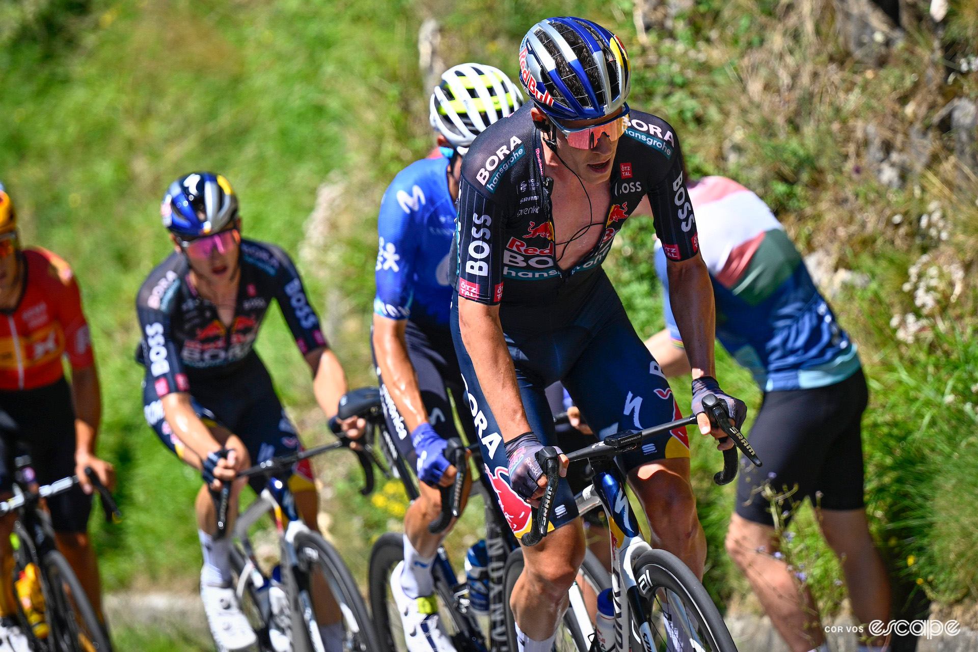 Bob Jungels of Red Bull-Bora-Hansgrohe leads the breakaway early in stage 15 of the 2024 Tour de France.