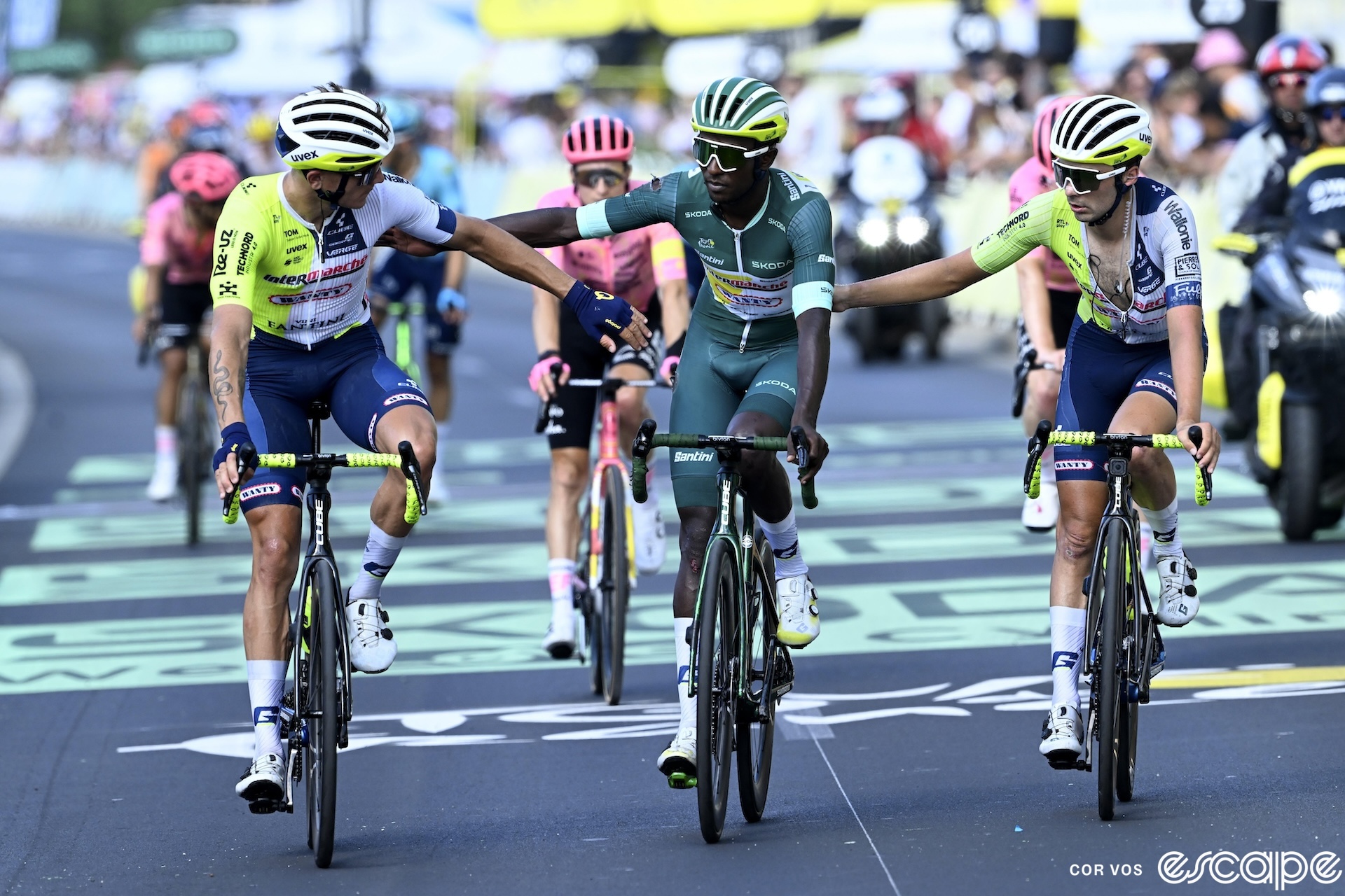 Biniam Girmay and teammates on stage 16 of the Tour de France.