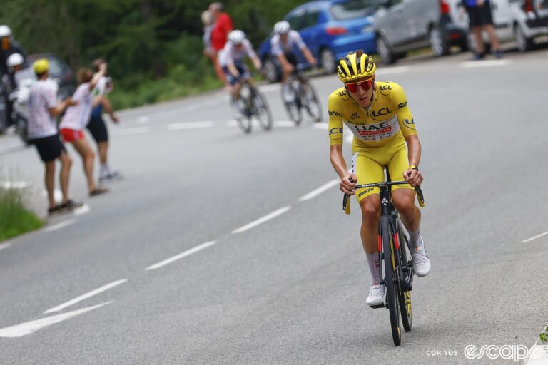 Tadej Pogačar accelerates on the slopes of Isola 2000 as he rides to the stage win on stage 19 of the 2024 Tour de France.