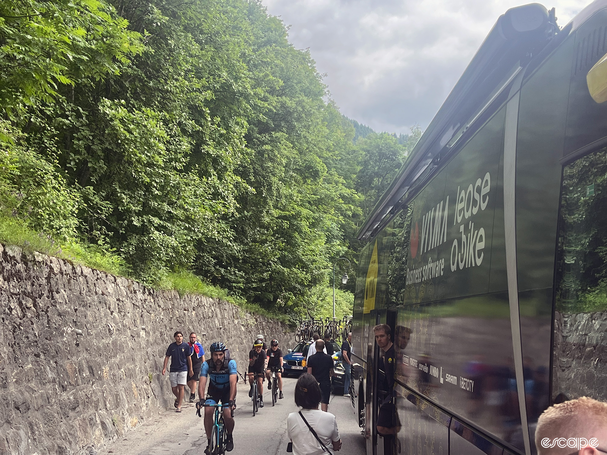 Jan Tratnik pokes his head out of the team bus after a tough day at the office.