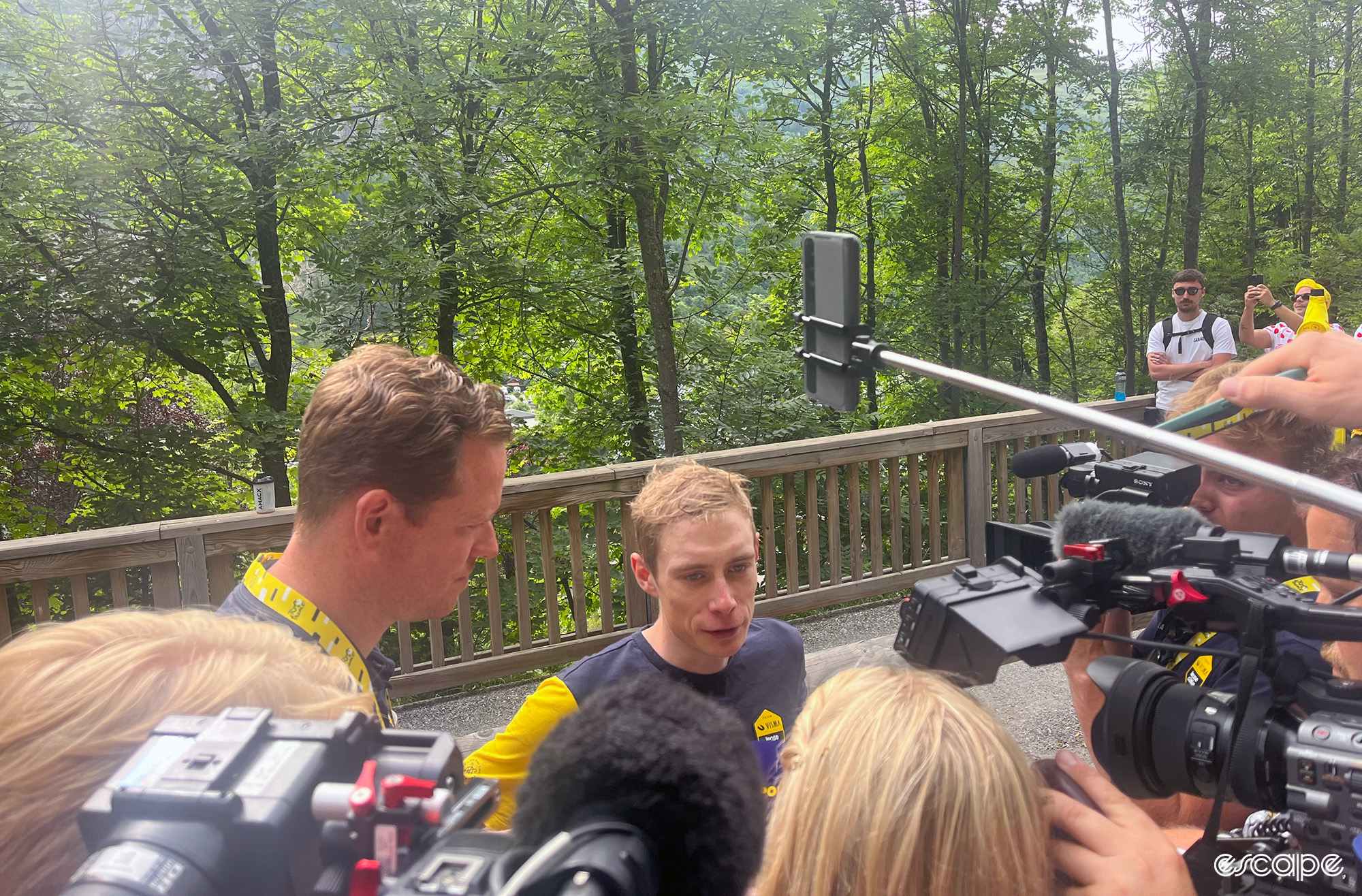 Jonas Vingegaard talks to the media.