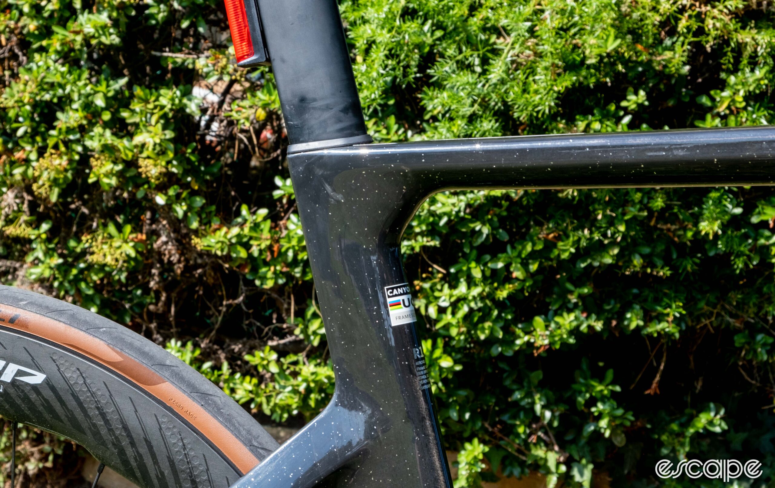 The photo shows the seat tube to top tube interface on Canyon's new Aeroad CFR