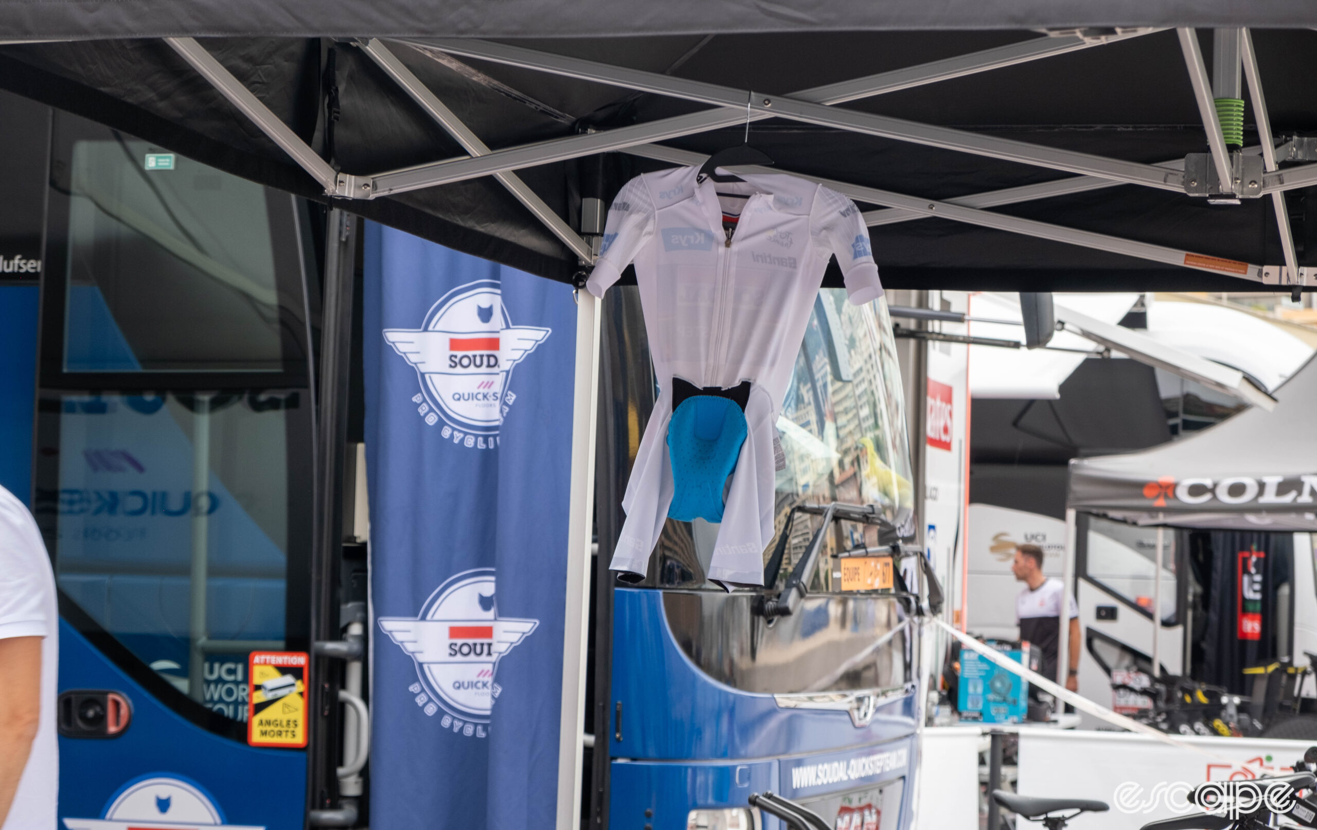 The image shows Evenepoel's white skinsuit hanging inside out.