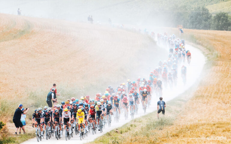The gravel stage 9 peloton at the 2024 Tour de France.