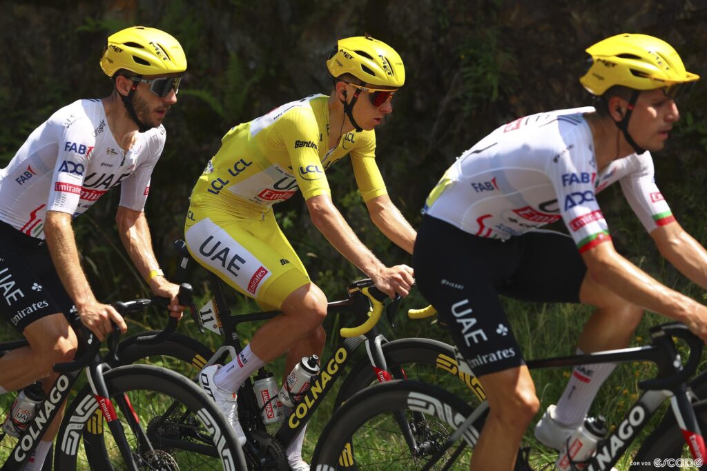 João Almeida, Tadej Pogačar, and Adam Yates at the Tour de France.