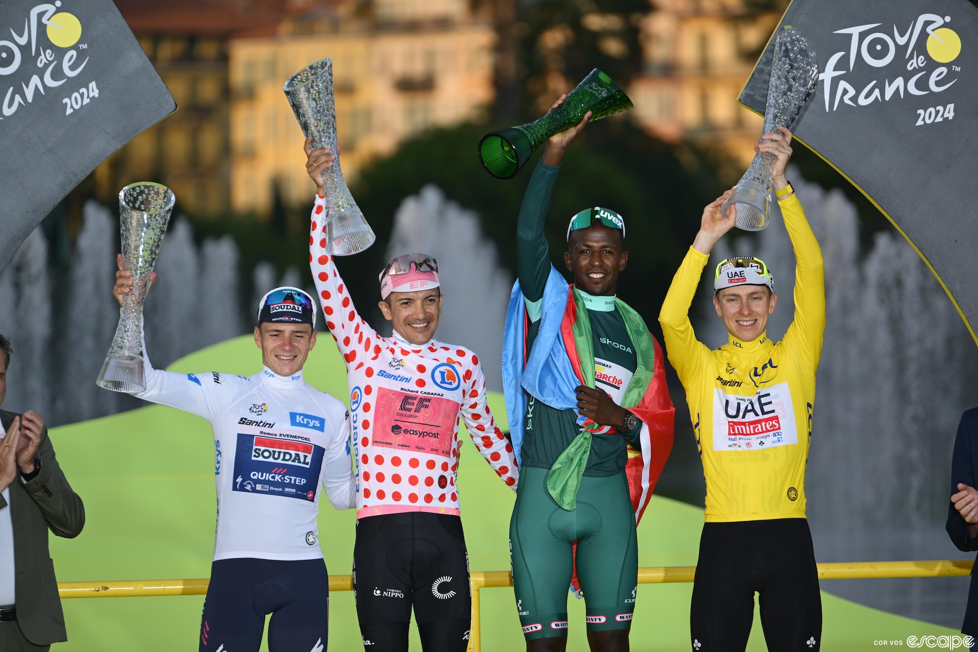 Remco Evenepeol, Richard Carapaz, Biniam Girmay, and Tadej Pogačar secured the four major jerseys of the 2024 Tour de France.