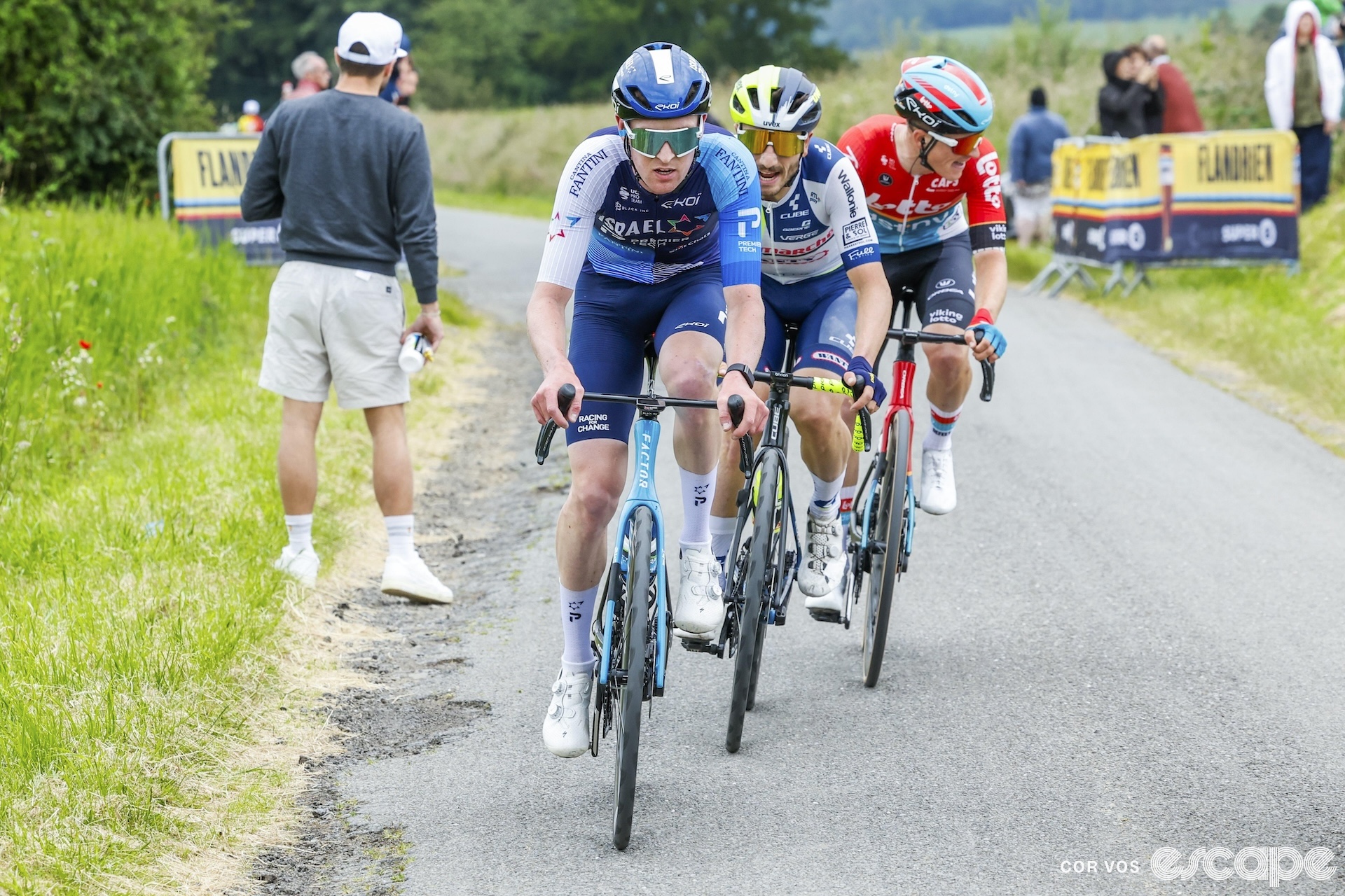 Joseph Blackmore leads three riders at a race in spring.