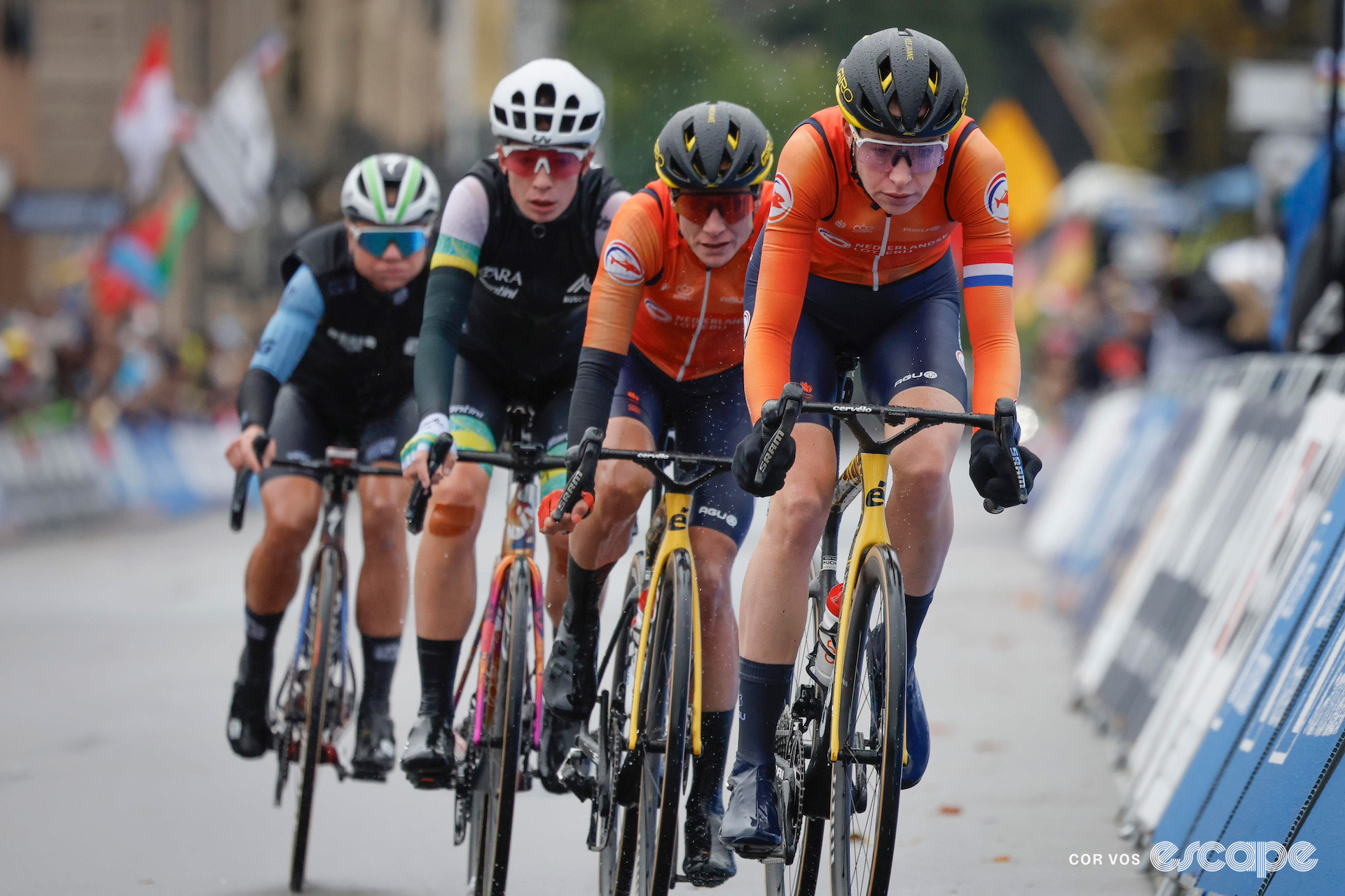 Riejanne Markus, Marianne Vos, Ruby Roseman-Gannon and Justine Ghekiere on the attack during the elite women's road race at the 2024 World Championships.