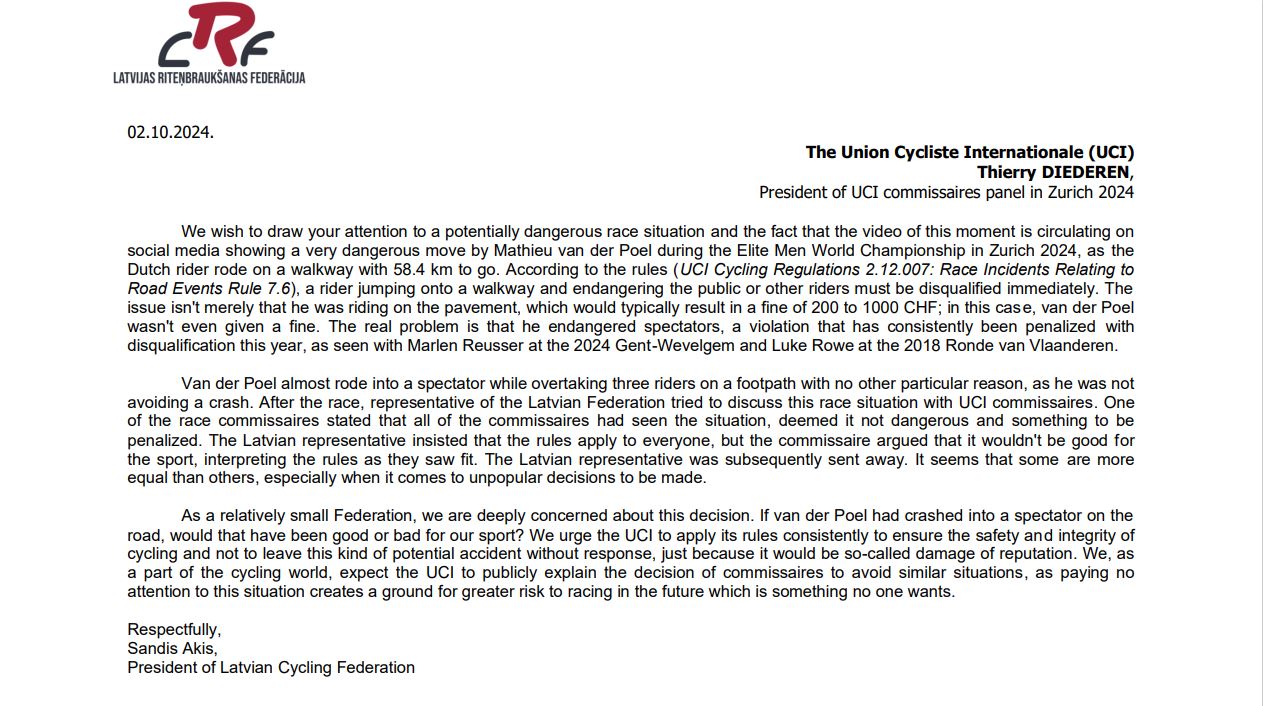 Latvijas Riteņbraukšanas federācijas publicētā atklātā vēstule.